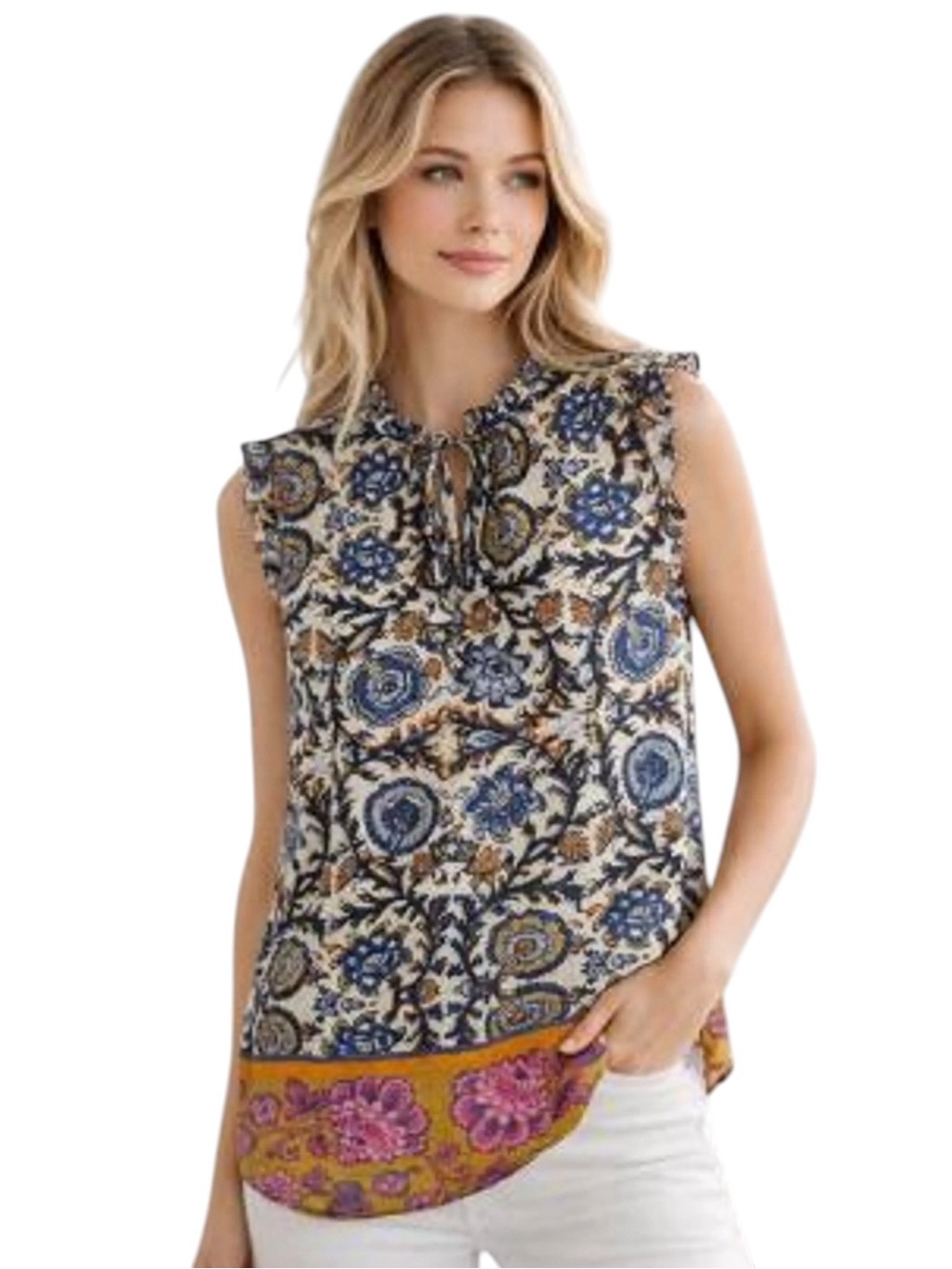 Joie Boho Ruffle Floral Paisley Tie Neck Blouse Size Medium Metallic Thread